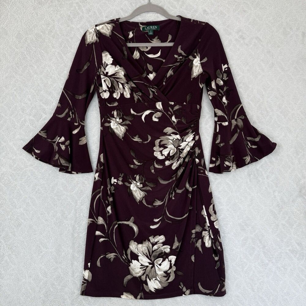 LRL Ralph Lauren Bell Sleeve Jersey Dress 4 Petite Purple Floral Career Feminine
